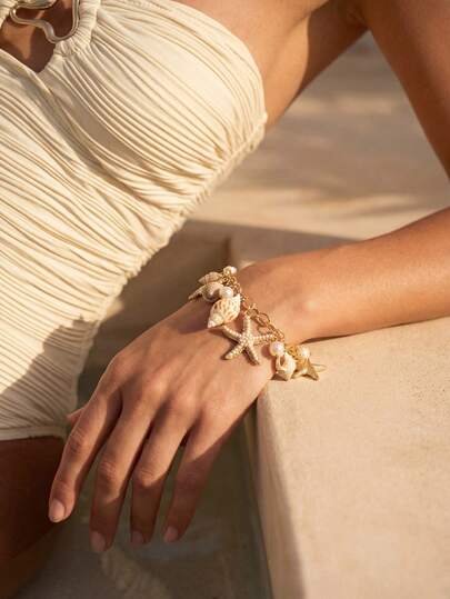 Swim Chiccia 1 pieza Pulsera de estilo bohemio con decoración de estrella de mar de aleación y perla para mujer, playa de verano