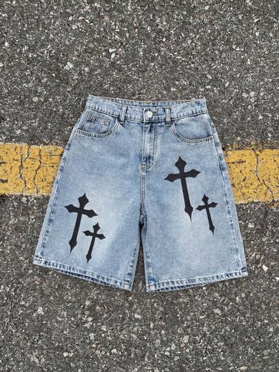 Thời trang nam tuổi teen phong cách thường ngày Y2K cổ điển cá tính đường phố: Quần short denim dáng rộng màu xanh dương thêu chữ thập.