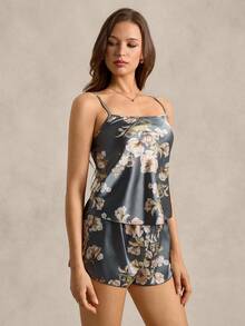 EverLounge Floral Print Satin PJ Set / Pajama Set - Grey - View 5
