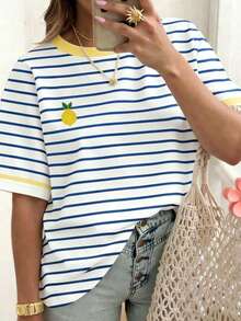 EMERY ROSE 女士条纹短袖T恤，休闲户外服，可爱T恤，家居服 - 彩色 - 查看 3