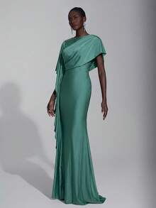 Elitara Gaun Bridesmaid Model Ekor Ikan Seksi dengan Belahan Samping, Elegan dan Mewah dari Satin dengan Hiasan Lengan Berkerut dan Belahan Samping. - Olive Green - View 4
