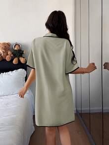 Napfluff Women's Bubble Texture Contrast Trim Collared Button-Up Pocket Short Sleeve Nightgown - Green - View 2