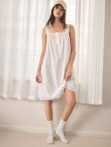 Ocili 女士花卉刺绣镂空贝壳纽扣设计睡裙吊带家居服 - 白色 - 查看 5