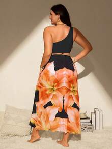 SHEIN Swim Vcay Bộ đồ bơi 3 mảnh cỡ lớn dành cho nữ, màu đen, họa tiết hoa ly 3D, gồm áo lệch vai, quần cạp cao và chân váy. - màu đen - Xem 2