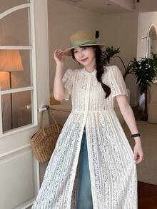 DAZY Damen Rundhals Spitzen Kurzarm Maxikleid, Koreanischer Stil für Frühling/Sommer Sonnenkleider für zierliche Frauen - Aprikosenfarben - Übersicht 6
