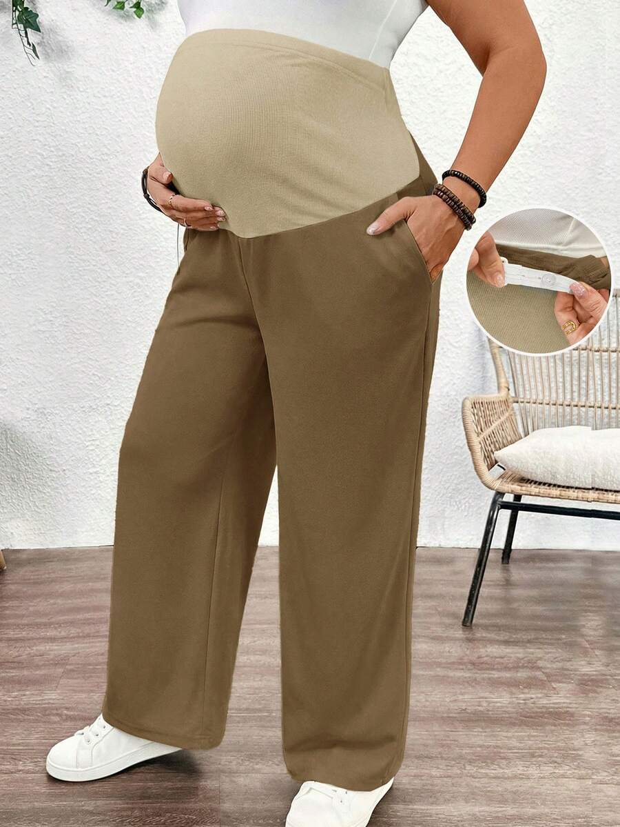 Plussiva Celana Panjang Kasual Lurus Warna Polos untuk Wanita Hamil Ukuran Besar dengan Kantong Miring - Unta - View 1