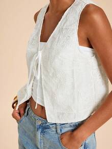 Travachic Women's Floral Embroidery Pattern Lace-Up Casual Versatile Daily Wear Top - White - View 3