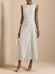 Vesra Spring/Summer New Round Neck Sleeveless Pleated Front Button Tie Waist Elegant Casual Long Dress For Women - Light Grey - View 1