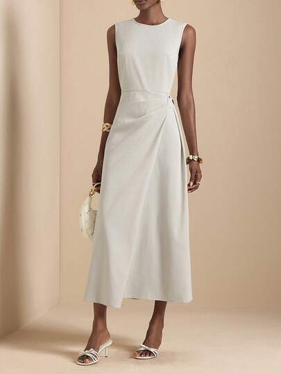 Vesra 春夏新款圆领无袖褶裥前襟纽扣系带腰身优雅休闲长连衣裙