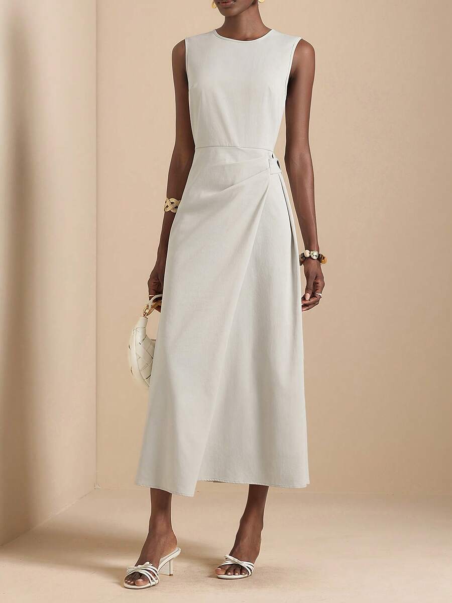 Vesra Spring/Summer New Round Neck Sleeveless Pleated Front Button Tie Waist Elegant Casual Long Dress For Women - Light Grey - View 1