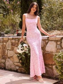 Enchnt Vestido de verano elegante de mujer con diseño jacquard cruzado y espalda descubierta - Rosa - Ver 8