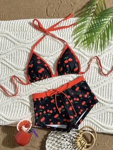 SHEIN Swim Mod Women's New Summer Beach Vacation Style Cute Cherry Print Bikini,Halter-Neck Backless Triangle Cup Top And Beach Shorts, Zestiva Swimsuit, Cherry Print Shorts, Cherry Swimsuit - Multicolor - View 9