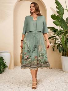EMERY ROSE Plus Size Women's Sage Green Summer Floral Print Jacket & Camisole Dress 2pc Set,Modest Curve Outfits For Party,Wedding Guest,Vacation Boho Outfits - Green - View 6