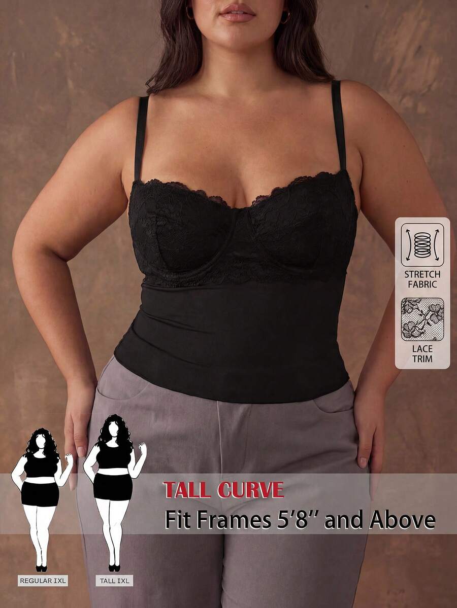 SHEIN Tall CURVE كامي من الدانتيل والشبك بلون أنيق للمقاسات الكبيرة للصيف - الأسود - مشاهدة 1