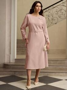 ZEYLAH Dusty Pink Cinched Waist Dress With Long Sleeves And Elegant Waistline Tea Party Autumn - Pink - View 6