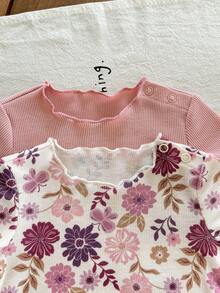 SHEIN 新生女宝宝夏季休闲碎花荷叶边圆领短袖上衣和裤子四件套针织睡衣套装 - 藕粉色 - 查看 6