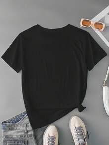 Women's Casual Cat Skateboard Print T-Shirt, Summer - Black - View 2