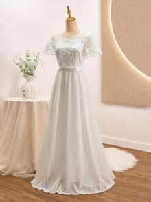 Glamorique Kids Elegant Netted Embroidered Chiffon Ruffle Sleeve Dress, Suitable For Weddings, Galas, Birthdays, Parties, All Seasons - Apricot - View 4