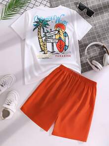 Setelan 2pcs/Set Kaos Lengan Pendek Motif Pohon Palem dan Celana Pendek Warna Polos untuk Anak Laki-laki, Pakaian Musim Panas Gaya Pulau untuk Akhir Pekan di Pantai, Liburan, Setelan Musim Panas untuk Anak Laki-laki - Jeruk - View 2