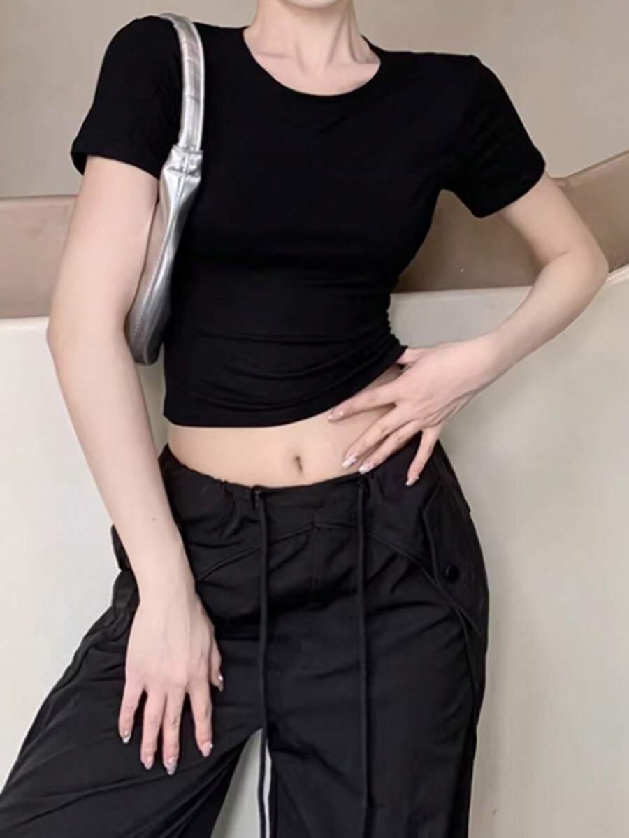 INAWLY Women Butterfly Hollow Out Back Shoulder Short Sleeve T-Shirt Everyday Day Time Black Summer Basic Streetwear - Black - View 1