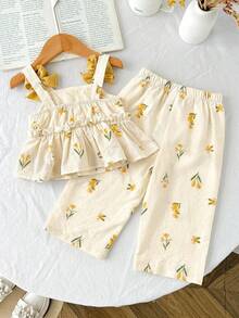 2 Stücke Baby Mädchen gewebte Blumen Schleife Dekor lässige Weste und Hose Set - Gelb - Übersicht 4