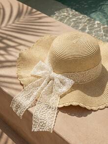 Swim Chiccia 1 pieza Sombrero de paja grande con ola fresca y simple de verano, versión coreana de todo el ocio de protección solar visera playa con perlas de imitación - Beis - Ver 1
