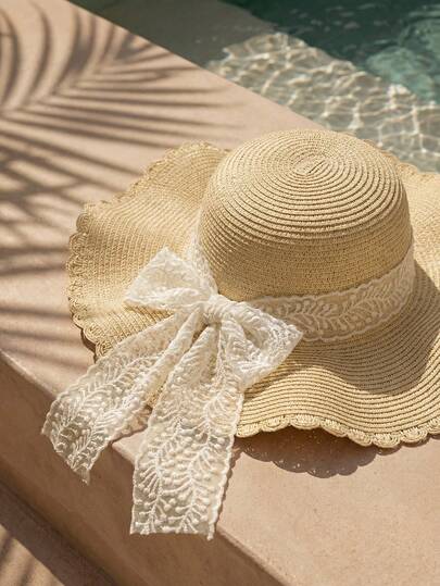 Swim Chiccia 1pc夏季清新简约波浪大沿草帽韩版全仿珍珠休闲防晒沙滩帽