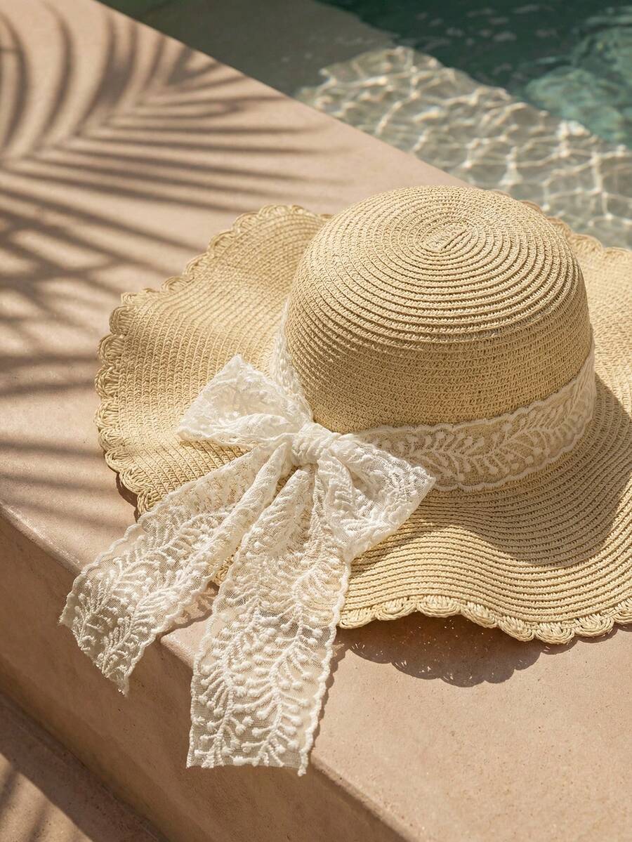 Swim Chiccia 1 pieza Sombrero de paja grande con ola fresca y simple de verano, versión coreana de todo el ocio de protección solar visera playa con perlas de imitación - Beis - Ver 1