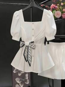 Franclia Áo sơ mi nữ kiểu Pháp cổ điển thắt eo bằng vải chiffon, thiết kế mới mùa hè độc đáo, cổ vuông, tay lửng, màu trắng. - trắng - Xem 1