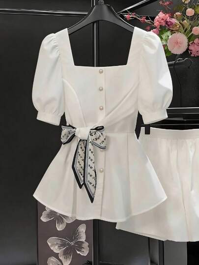Franclia Women's French Retro Waist Cinching Chiffon Blouse, Summer New Design Sense Unique Square Collar Mid-Sleeve White Shirt