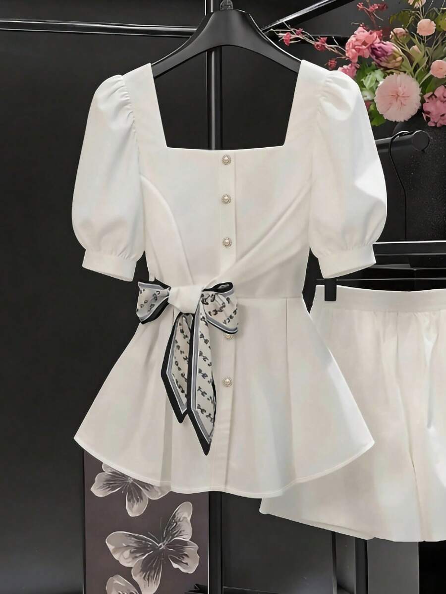 Franclia Áo sơ mi nữ kiểu Pháp cổ điển thắt eo bằng vải chiffon, thiết kế mới mùa hè độc đáo, cổ vuông, tay lửng, màu trắng. - trắng - Xem 1