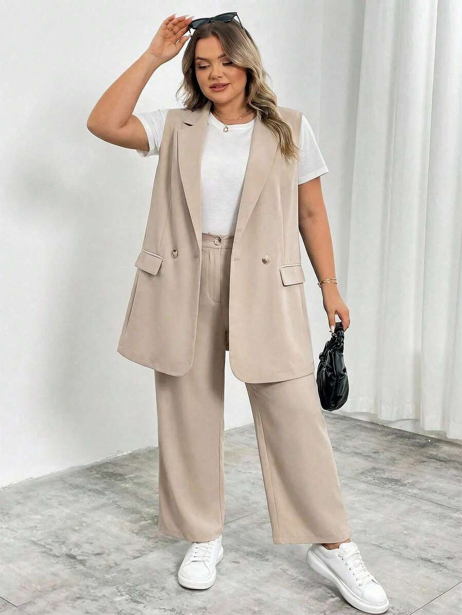 SHEIN CURVE+ Áo vest blazer cổ ve lật hai nút cỡ lớn, trang phục công sở, lễ tốt nghiệp, tựu trường, trang phục giáo viên dành cho nữ mùa thu/đông.