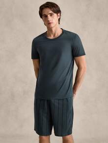 EverLounge Men Solid Tee & Striped Print Shorts PJ Set / Pajama Set - Navy Blue - View 1