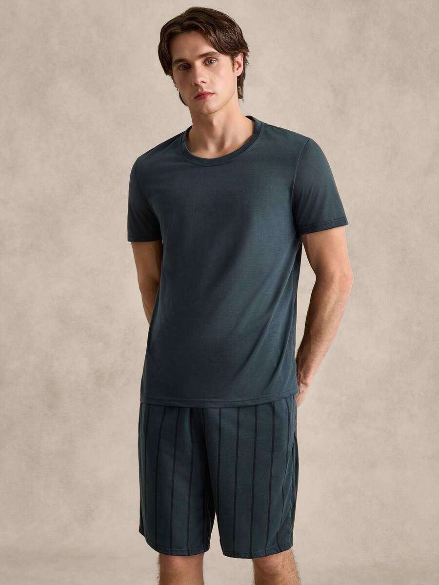 EverLounge Men Solid Tee & Striped Print Shorts PJ Set / Pajama Set - Navy Blue - View 1