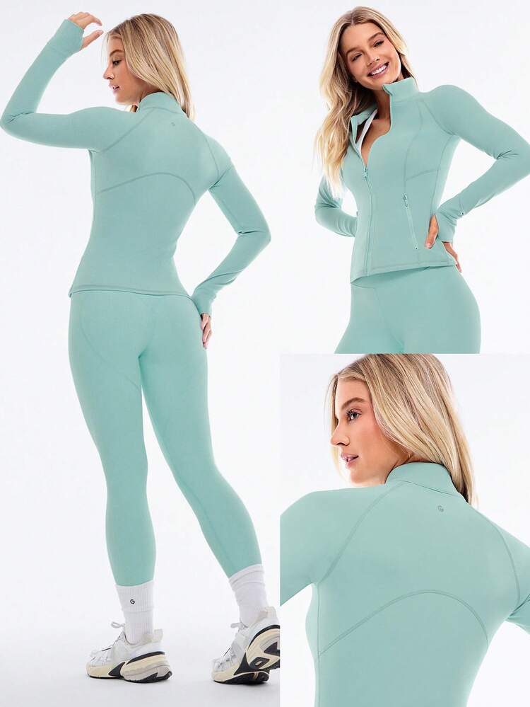 FeatherFit™ Slim-It Streamline Performance Secure Pockets Zip Up Long Sleeve Jacket Low Impact Yoga Pilates Daily Spring Summer