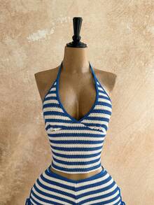 Soleia 女士春夏度假两件套：红白条纹撞色针织不对称露肩短款上衣和超低腰紧身短裤，适合派对、约会、海滩、邮轮、嘉年华、复活节等场合。 - 藍白色 - 查看 4