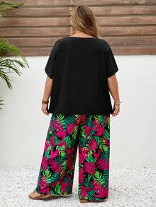 SHEIN CURVE+ 大码两件套音乐节、海滩度假波西米亚风女式宽松衬衫和碎花裤套装，夏季服装 - 彩色 - 查看 2