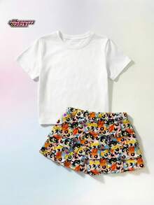 THE POWERPUFF GIRLS X SHEIN Maija Kids Set da 2 pezzi per ragazza con maglietta pullover a maniche corte in maglia morbida con scollo rotondo e fantasia, e gonna-pantalone a balze con vita elastica - Multicolore - Visualizzare 2