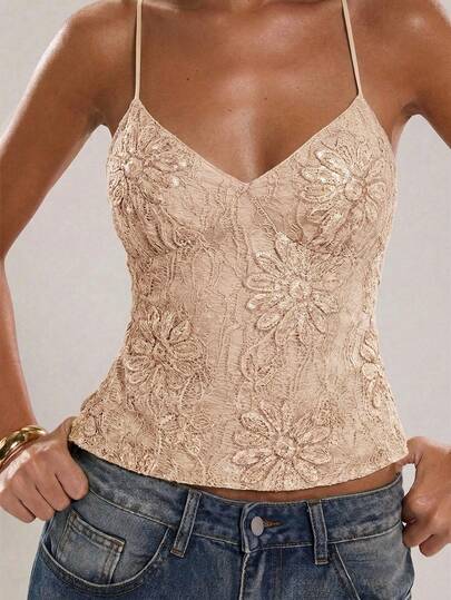 SHEIN BAE Áo hai dây nữ gợi cảm hở lưng, đính hạt, họa tiết hoa, thích hợp cho kỳ nghỉ biển, đi chơi, dạo phố, đi nghỉ mát ở biển.
