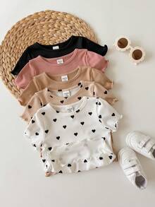 5-Piece  Of Solid Color Heart Pattern Knitted Casual T-Shirts For Baby Girls (Multiple Pieces) - Multicolor - View 4