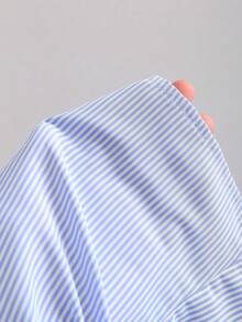 SHEIN PETITE 女士时尚百搭条纹单排扣通勤衬衫 - 藍色 - 查看 4