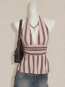 SHEIN ICON Áo tank top nữ kiểu dáng thường ngày, cổ chữ V khoét sâu, hở lưng, họa tiết sọc cổ điển Mỹ, phong cách Y2K, mùa hè. - Nhiều màu - Xem 2