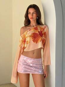 Aloruh 女士优雅露肩单斜肩印花薄纱喇叭袖沙滩度假T恤 - 橘色 - 查看 2