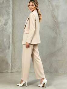 LUMIGAL Women's Solid Color Lapel NeckLong Sleeve Blazer And Pants Casual Office Commute Suit - Khaki - View 2