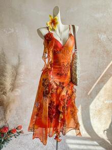 Soleia Plus Size Vintage Bohemian Animal Print Orange Jellyfish Ruffle Trim Shiny Chiffon Dress Beach Vacation Summer - Multicolor - View 4
