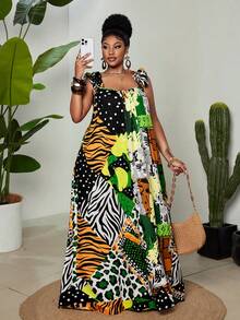 Maweii Plus Size Women's Black And White Contrasting Print Summer Boho Vacation Holiday Dress, Colorful Asymmetric Ruffle Edge Suspender Tropical Long Dress - Green - View 3