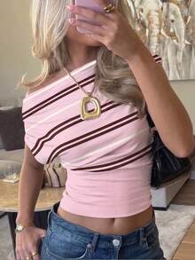 Siren Gaze Áo croptop nữ kiểu dáng thanh lịch, cổ lệch, xếp ly, thích hợp cho mùa hè, mặc hàng ngày, áo sơ mi kẻ sọc, trang phục mùa hè cho nữ. - Nhiều màu - Xem 5