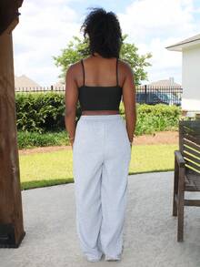 夏季女式音乐会街头风 Y2K 休闲日常运动装灰色健身印花阔腿裤 - 灰色 - 查看 2