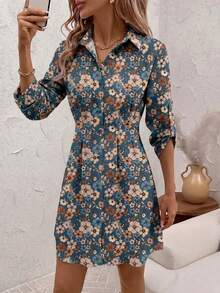 SHEIN Clasi Đầm sơ mi nữ thanh lịch, kiểu dáng thường ngày, thích hợp mặc đi làm, họa tiết hoa nhí cổ điển. - Nhiều màu - Xem 3