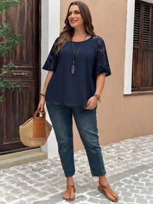 EMERY ROSE Plus Size Casual Solid Color Lace Patchwork Shirt Fall - Navy Blue - View 4